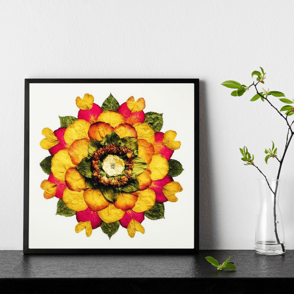 brightly colored nature mandala in a black frame